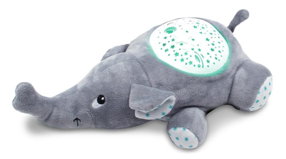 Elefante de peluche con proyector de cielo y melodías.