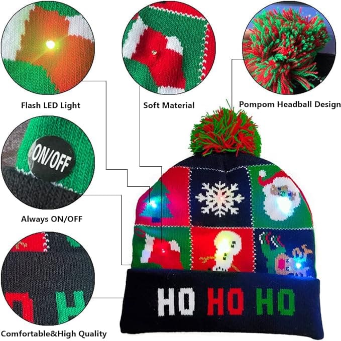 Gorros de invierno para Navidad con pompón y LED brillantes.